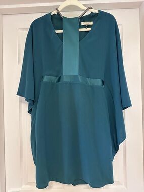 Halston Heritage Teal Satin-Trim V-Neck Tunic